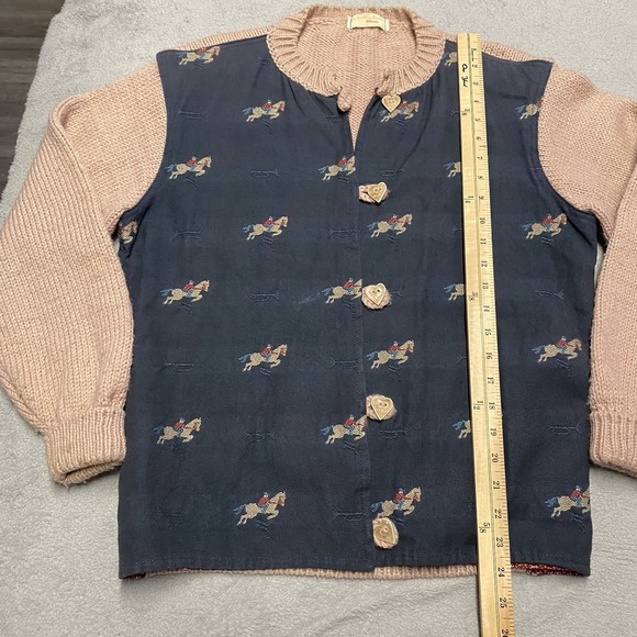 Vintage Hand Knit Cardigan Sweater Womens Large Horse Equestrian 80s Cottage - Picture 4 of 10